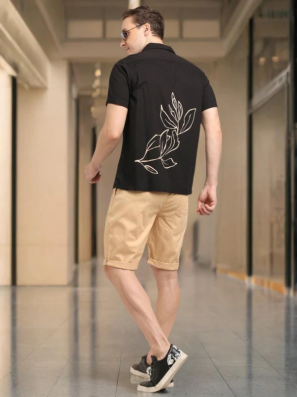 Indian Terrain Men's Slim Fit Half Sleeve Printed Black Shirt